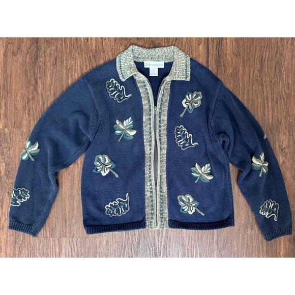 Dressbarn Vintage Zip Up Collared Fall Theme Knitted Jacket - Picture 2 of 6